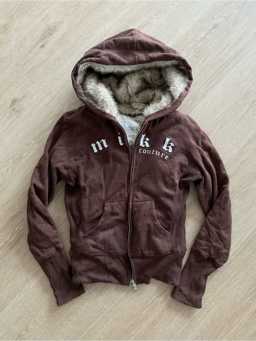 Y2K vintage brown faux fur lined cotton sweater zip up fitted form fitting mikk
